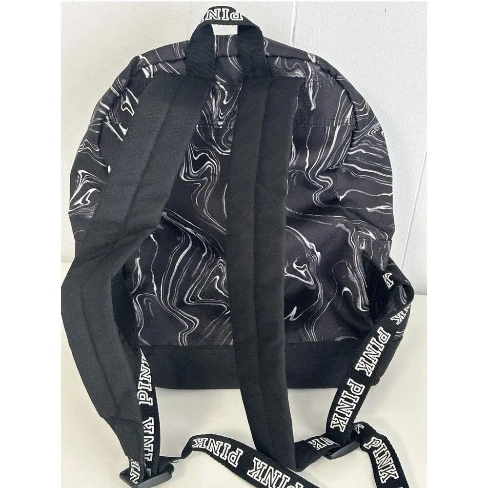 VS Pink Bookbag Backpack Victoria’s Secret Black Marbled Logo Medium EUC 2018